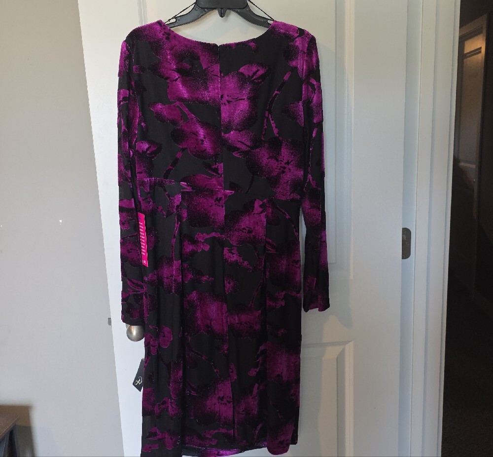 Adrianna Papell Black and Purple Floral Wrap-Style Long Sleeve Dress - Picture 10 of 13